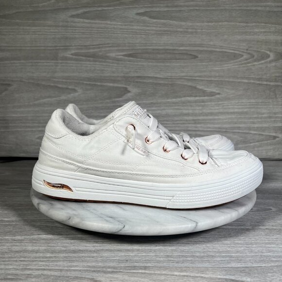 Skechers Arch Fit Arcade Womens 9 Sneakers White Canvas Rose Gold Meet Ya There - Picture 3 of 14